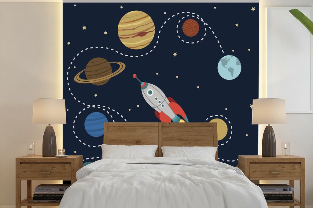 MuchoWow Fototapete für Wohnzimmer oder Schlafzimmer Wandtapete Vinyl Motivtapete Eine Illustration einer Rakete, die durch das Sonnensystem fli...