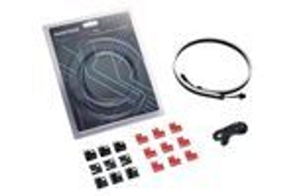 A collection of computer hardware accessories, including LED strips, cable management clips, and a clamp, laid out on a white background.