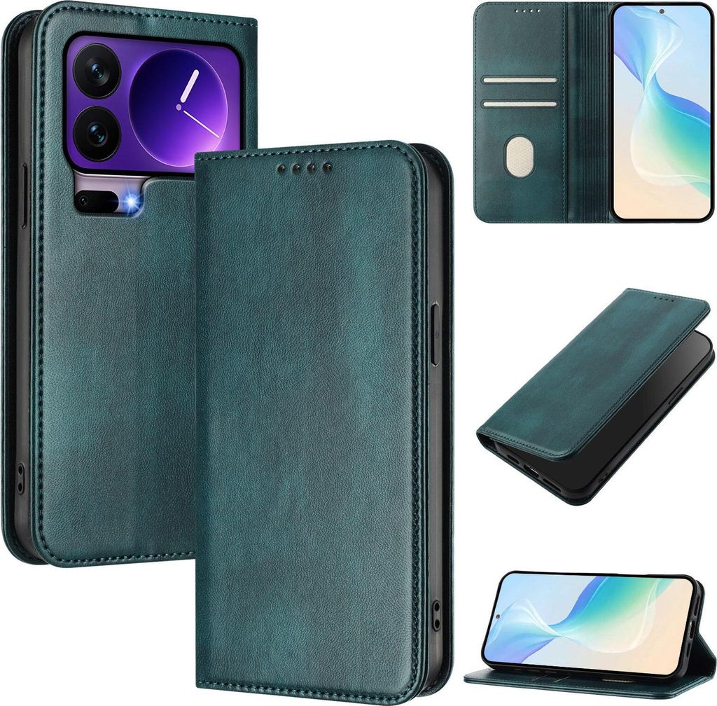 Handyhülle für Xiaomi 17 Pro, Vintage Leder RFID Schutz Kartenfach Standfunktion Magnetische Klapphülle Grün