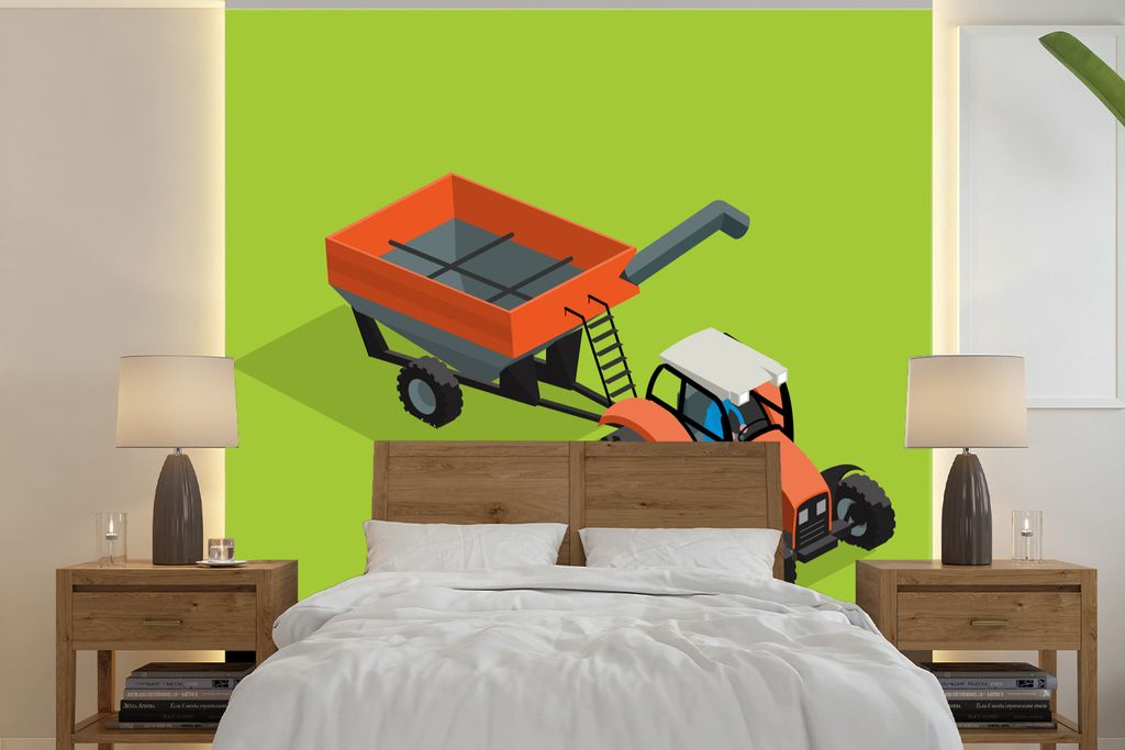 MuchoWow Fototapete für Wohnzimmer oder Schlafzimmer Wandtapete Vinyl Motivtapete Zugmaschine - Anhänger - Grün - 220x220 cm - Tapeten
