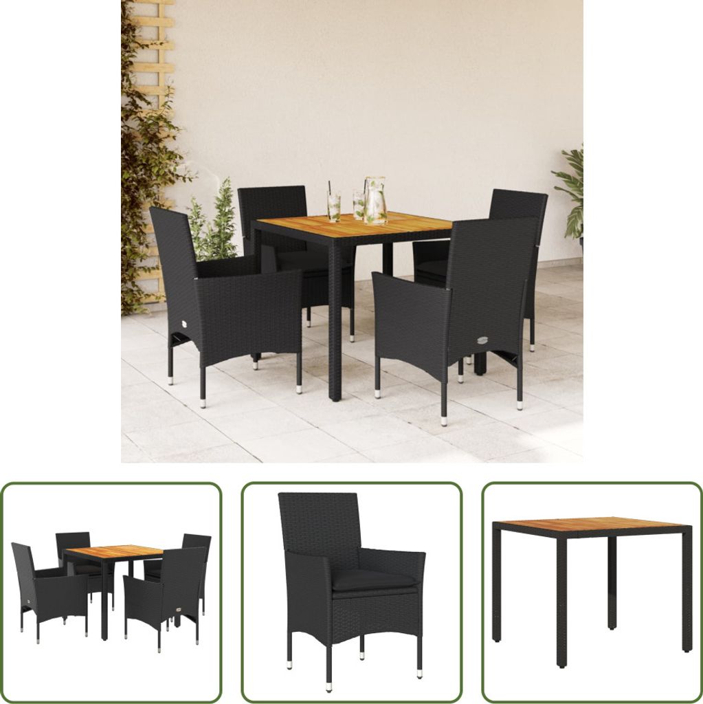 The Living Store 5-tlg. Garten-Essgruppe mit Kissen Schwarz Poly Rattan Akazie