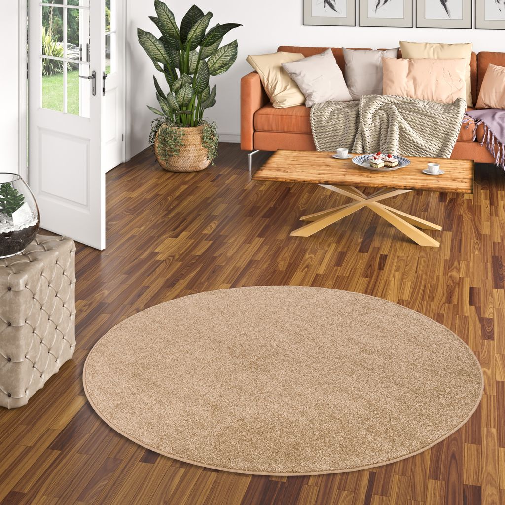 Hochflor Velours Teppich Luna Karamell Rund, Größe:160 cm Rund