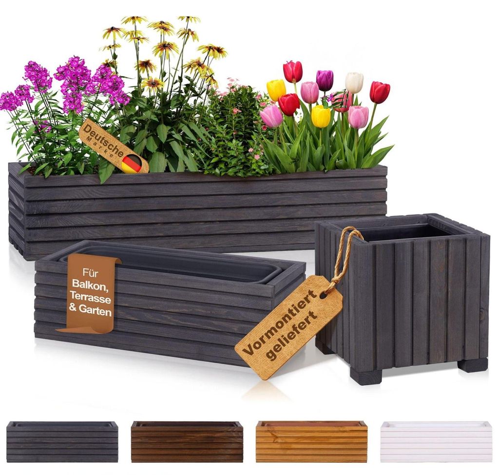 Blumenkasten Holz mit Einsatz · Anthrazit 44cm x 20cm x 14cm · 4 Farben 3 Größen · Pflanzgefäß für Fensterbank / Balkon / Terrasse