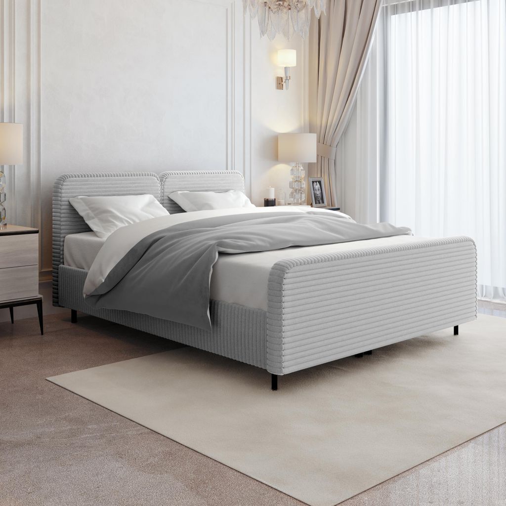 Doppelbett LEA 160x200 cm Polsterbett mit Bettkasten, Matratze & Topper – TILIA - Polsterstoff Hellgrau
