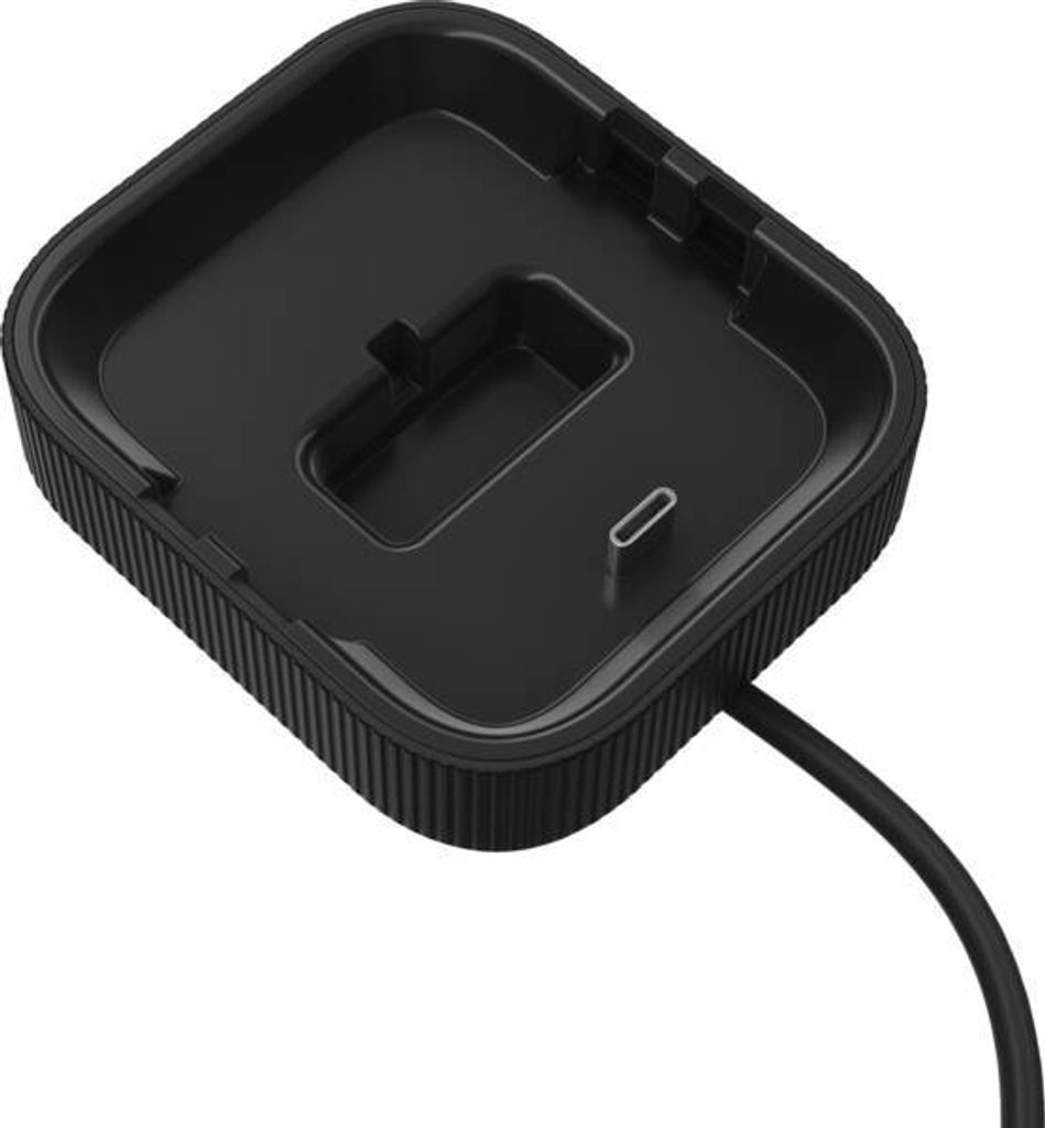 A black charging dock for a cordless device.