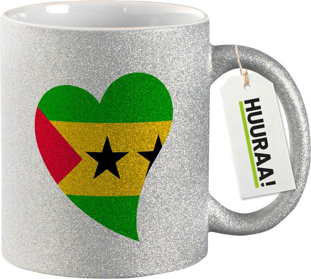 Huuraa Glitzertasse Sao Tome und Principe Flagge Herz 330ml Silber Keramik Kaffeebecher Geschenkidee