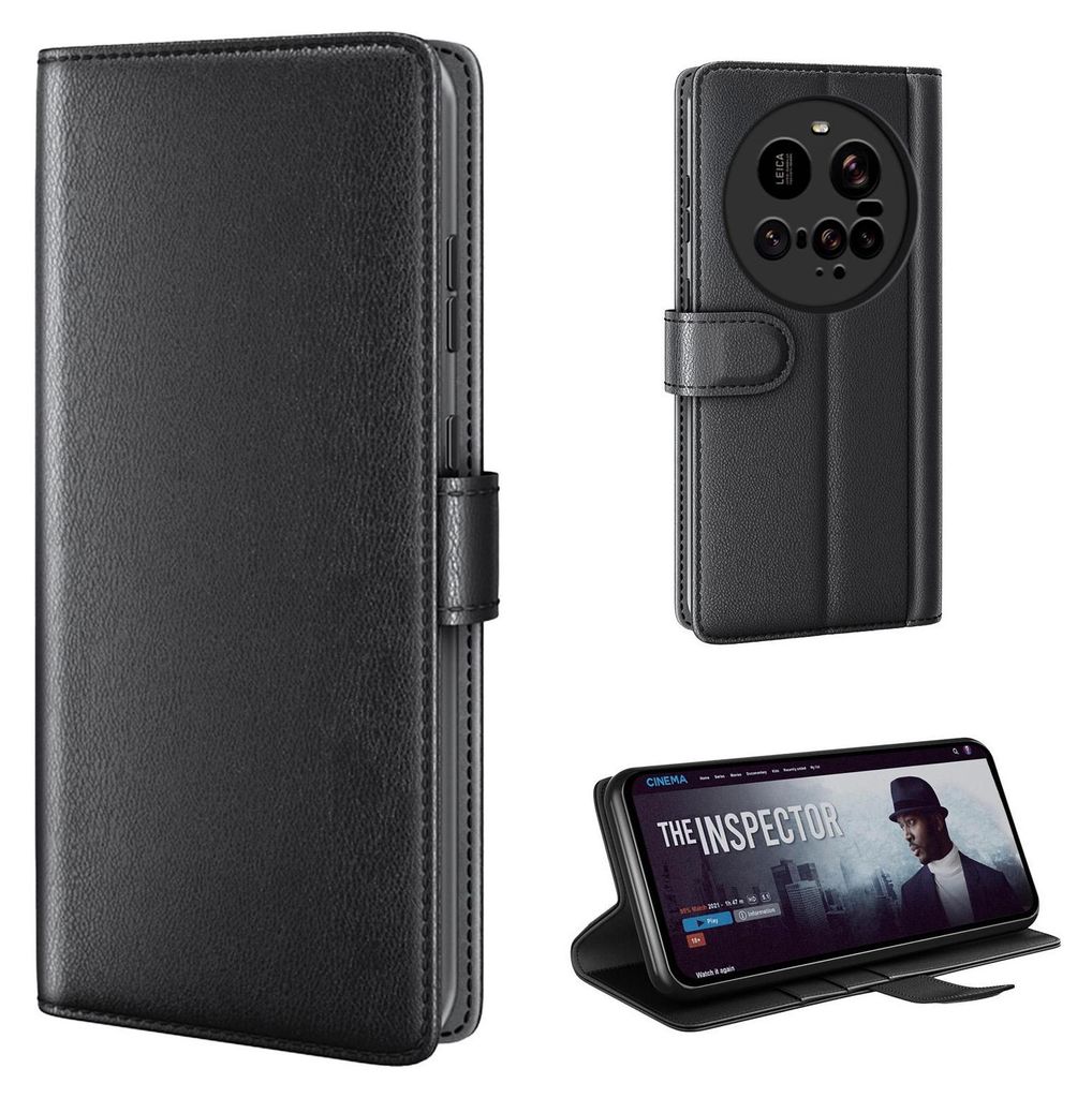 A collage of images showing a black leather flip phone case from different angles, including one showing the phone inside and another showing the phone's camera module.
