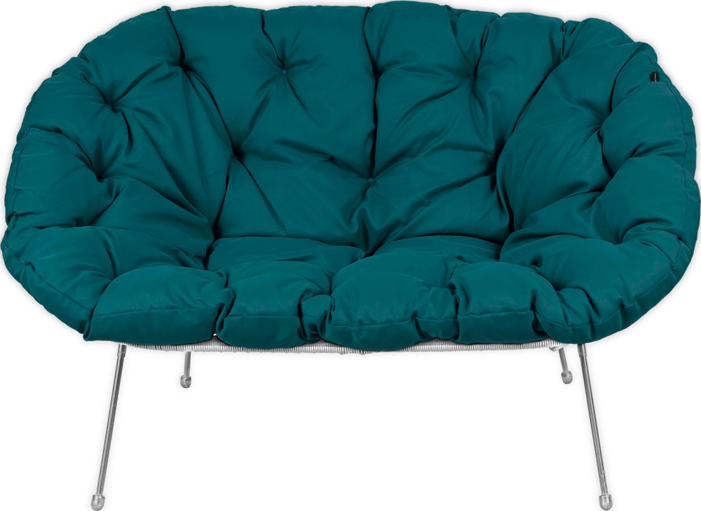 A teal cushion chair on a white background.