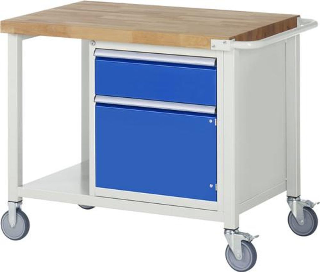 Mobile Werkbank mit Ablageboden - Schrank - Schublade - Vollauszug - 180:1 - höhenverstellbar 880-1.080 mm - 1.000 x 700 mm (BxT) - Traglast 450 kg