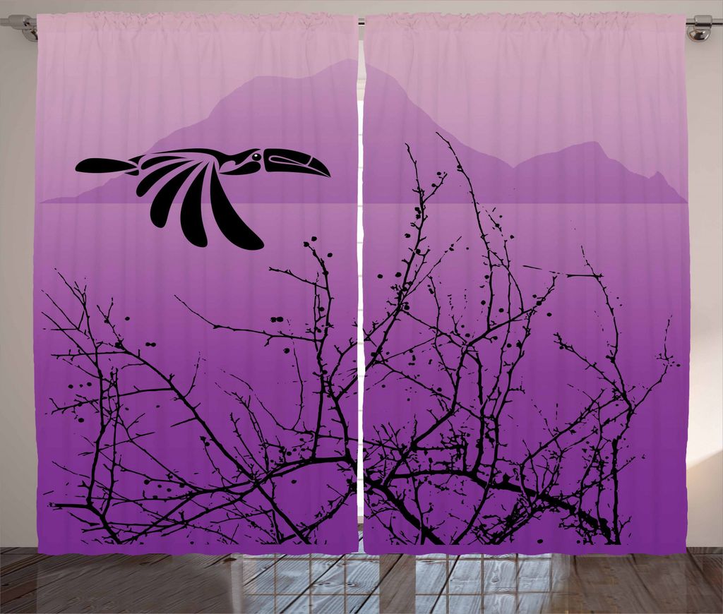 ABAKUHAUS Feder Rustikaler Vorhang, Hornbill Silhouette, Wohnzimmer Universalband Gardinen mit Schlaufen und Haken, 280 x 245 cm, Schwarz Lila