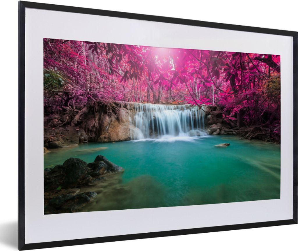 MuchoWow Gerahmtes Poster Wasserfall - Baum - Rosa - Natur 60x40 cm - Poster mit Schwarzem Bilderrahmen Wandposter Rahmen Foto Bilder - Schlafzim...