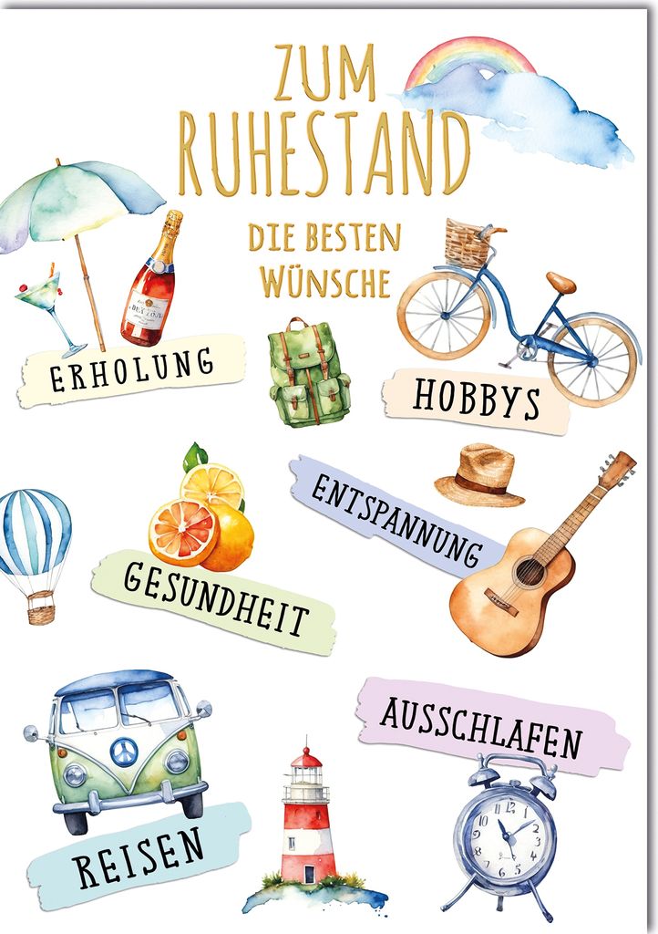 Ruhestand Freizeitwünsche Erholung Gesundheit Reisen Hobbys Große DIN A4-Karte mit Umschlag XXL-Karte