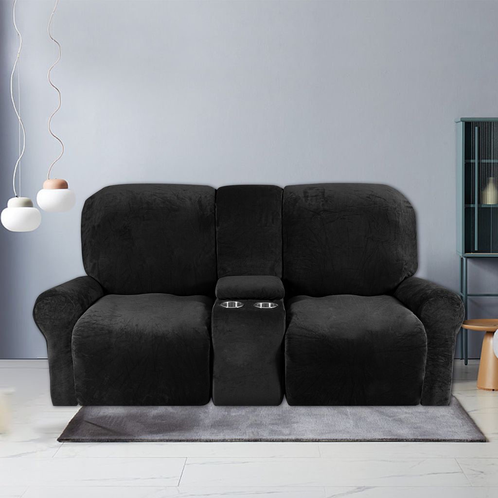 8-teiliger Stretch Samt Hussen Recliner Sofabezug mit Getränkehaltern,Dicke Plüsch Liegesofa 2-Sitzer Recliner-Abdeckung,Schwarz