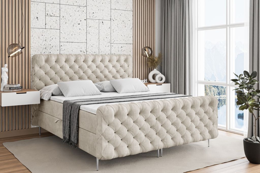 ALTDECOR Boxspringbett mit Silber Füßen, Matratze und Lattenrost, Topper, Fußteil, Polsterbett mit Bettkasten, Bett mit Stauraum H3-Matratze, Do...