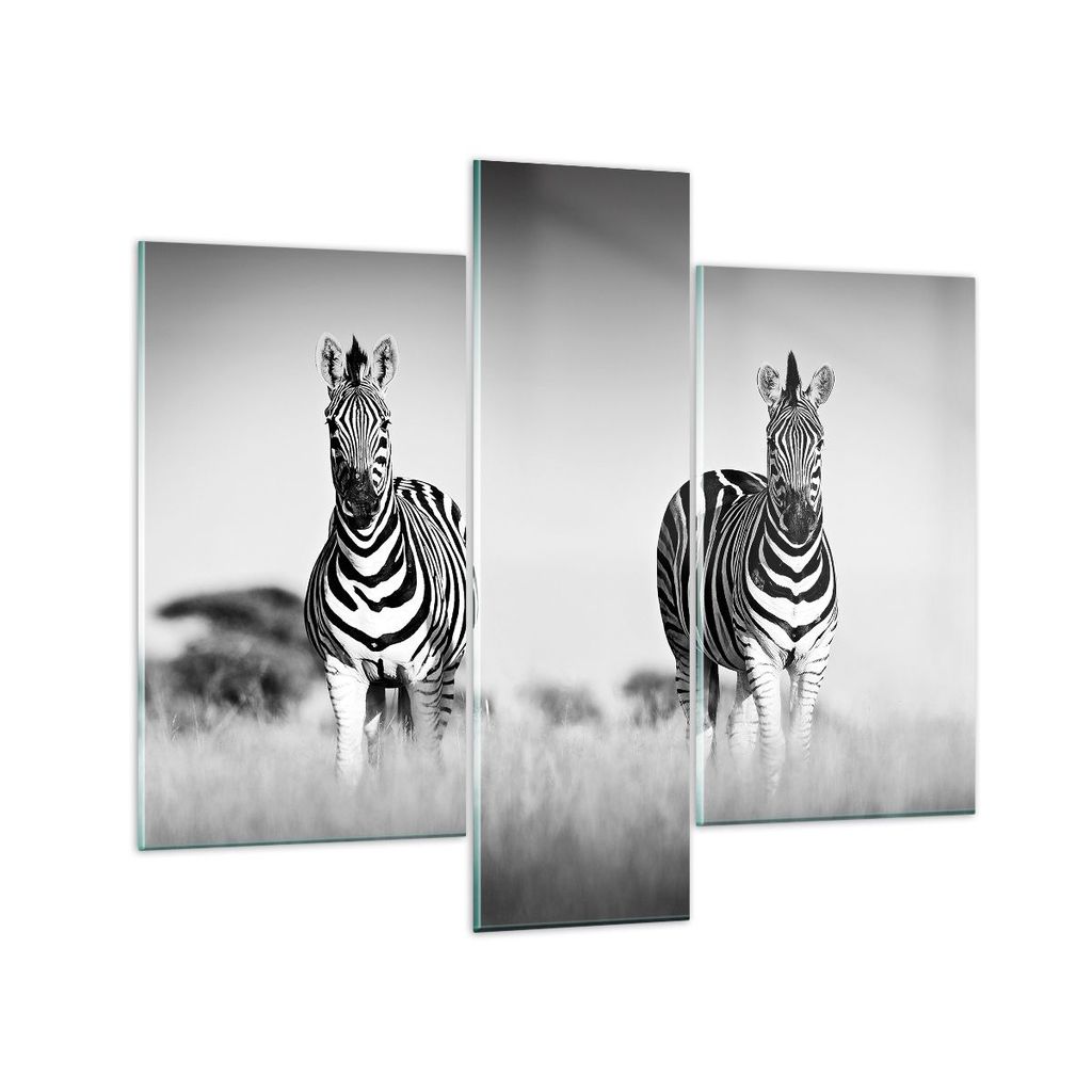Bilder auf glas - 3 Teile - Zebras Fotografie Schwarzweiß - 95x80cm - Glasbilder - Wandbilder - Bilder - Wanddekoration aus Glas - Glas Bilder - W...