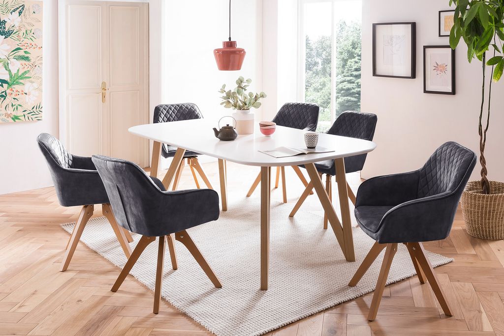 SalesFever Essgruppe 5-tlg. | 160 x 90 cm | Tisch MDF weiß matt + Eichengestell | 4x Drehstuhl Samtvelours + Stuhlbeine Buche | schwarz