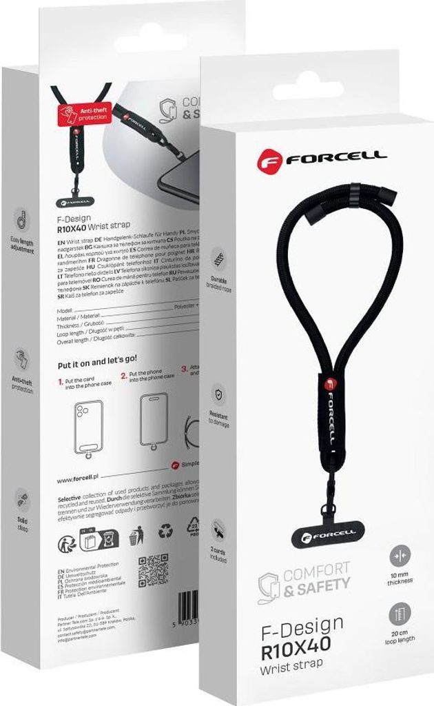 FORCELL F-DESIGN R10X40 wrist phone lanyard with adjustable length (max 20cm in the loop) black