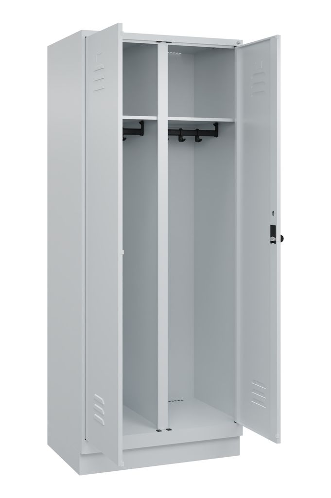 Garderobenschrank, paarw. zuein. schlagende Türen, BxTxH 800x500x1950 mm, 2 Abteile, Abt.B 400 mm, Sockel, Drehriegel, RAL 7035