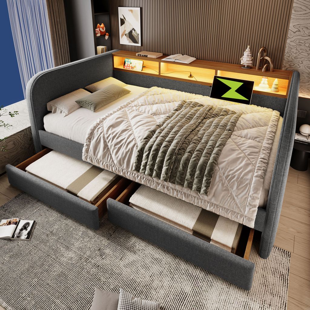 Abrihome Tagesbett Polsterbett aus Leinen mit LED und USB-C Ladefunktion, 140x190 cm, 2 Schubladen und Stauraum-Kopfteil, Grau