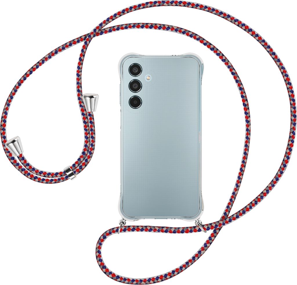 Handykette Backcover-Schutzhülle mit Band (Metall silberfarben) für Samsung Galaxy M35 5G - silber/blau/rot