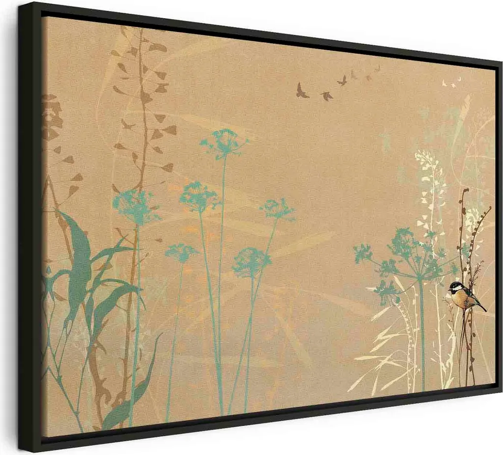 Quadro su tela - Uccellino - Erbe colorate nelle sfumature dorate del tramonto 60x40 cm Per bambini e-A-10131-b-a