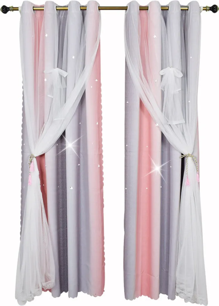 Paire de rideaux de fenêtre avec étoiles colorées et voile rose chic
