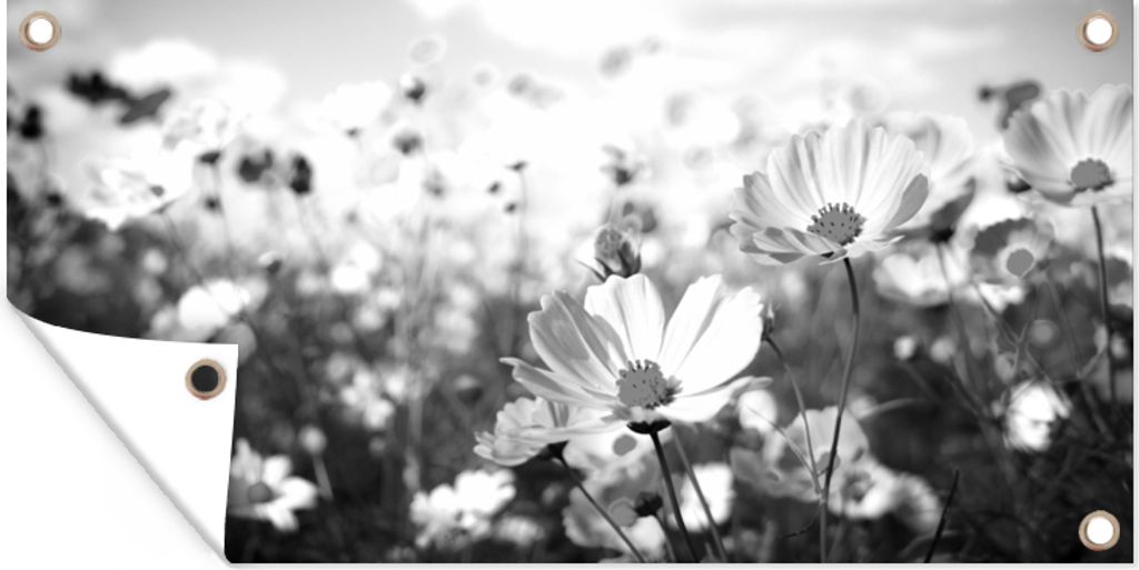 MuchoWow 60x30 cm Outdoor-Poster Gartendeko Sichtschutz Garten Poster für den Garten Blumen - Wiese - Lila - Gras - Weiß - Wolken - Blau