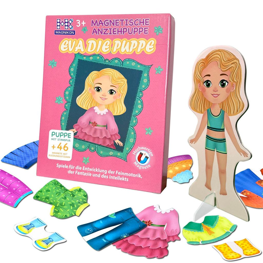 Magnetische Anziehpuppe Eva die Puppe, Magnet Puppen zum Anziehen, Magnet Anziehpuppen, Spielzeug für unterwegs, Anziehbuch, Magnetspiel mit 46 Ma...