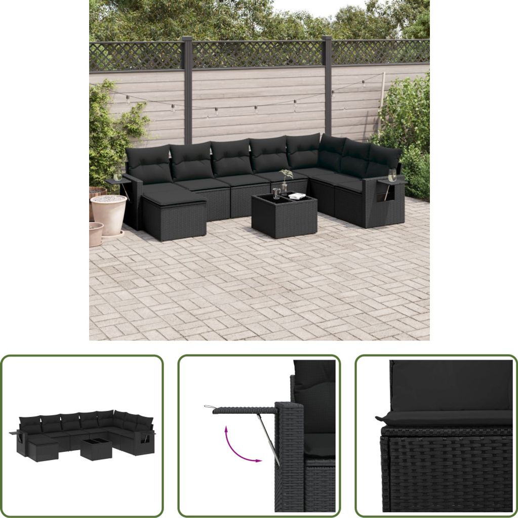 The Living Store 9-tlg. Garten-Sofagarnitur mit Kissen Schwarz Poly Rattan