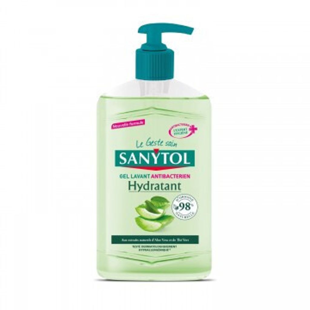 A bottle of Sanytol hand sanitizer with aloe vera and green tea.