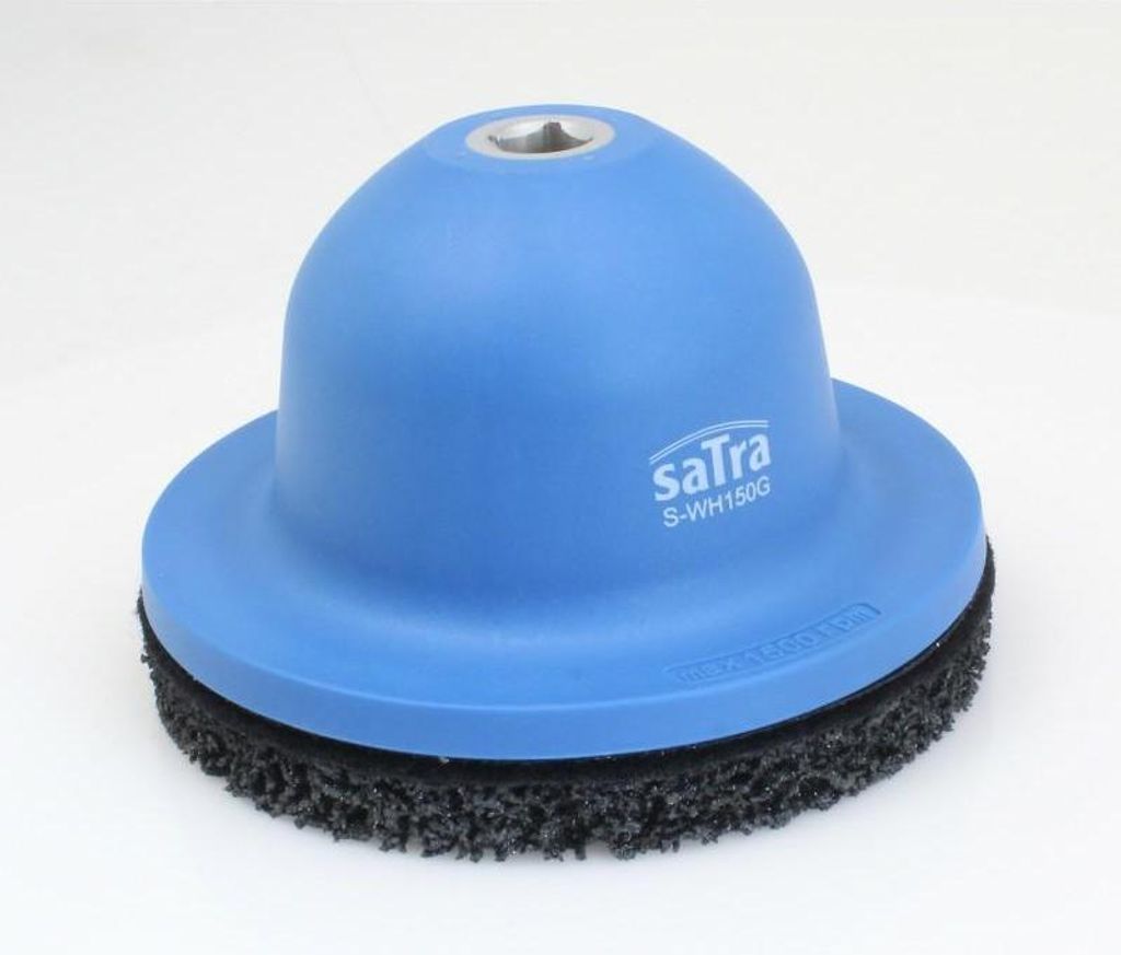 A blue and black wheel cleaning tool is shown against a white background.