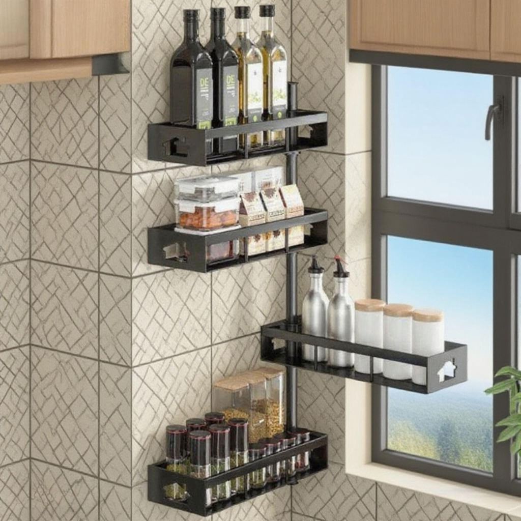 Gewürzregale, Küchenregal, Gewürzregal Wand montieren, 4 Etagen, Küchen Organizer für Küchenschrank, höhenverstellbares 180° drehbares Regal