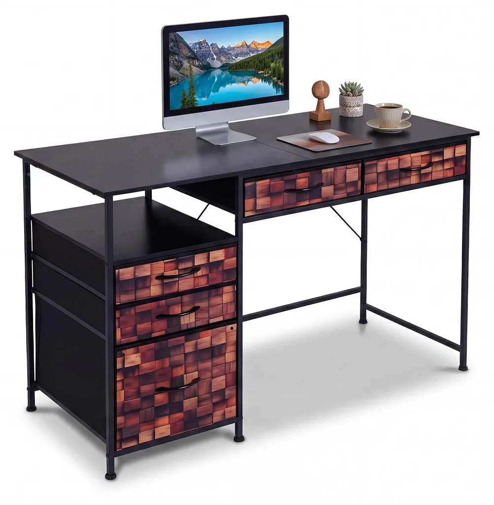 Table de PC pour télétravail 120cm avec étagère de rangement et tiroirs