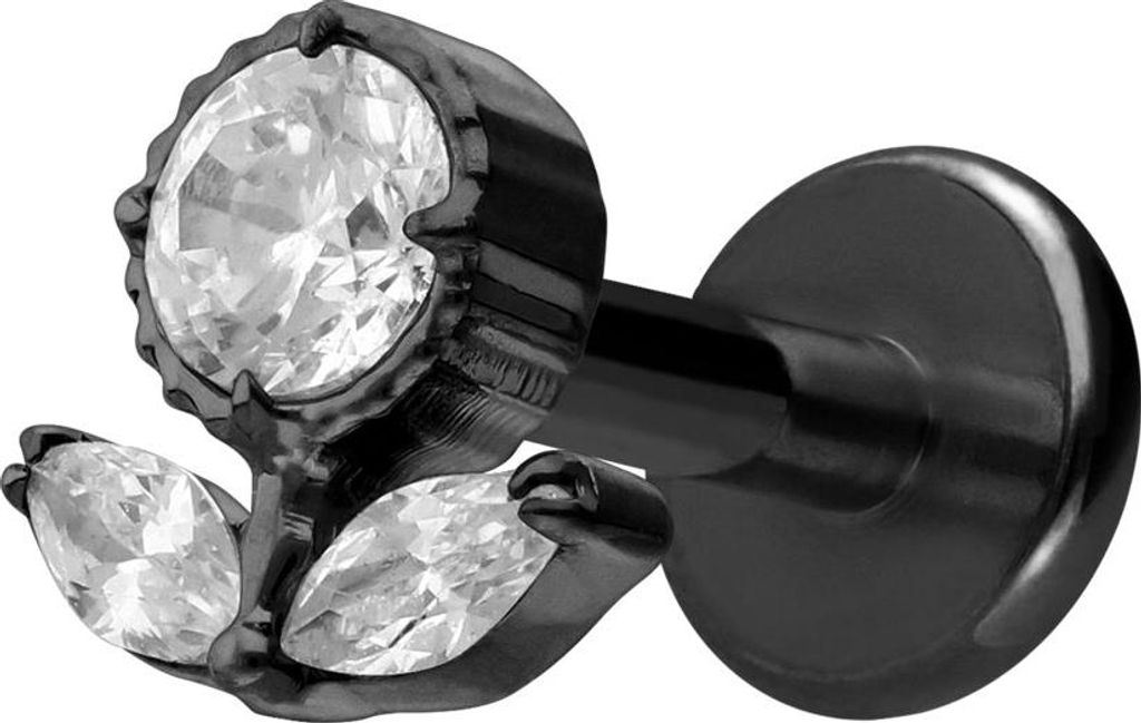 Ohrpiercing, Nasenpiercing Titan Labret mit Innengewinde KRISTALLBLUME Schwarz Stablänge: 6mm | Stabstärke: 1,6mm