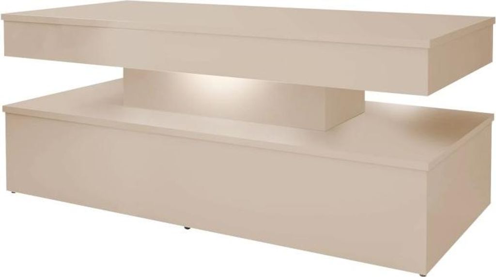 A modern, beige coffee table with a suspended top and LED lighting.