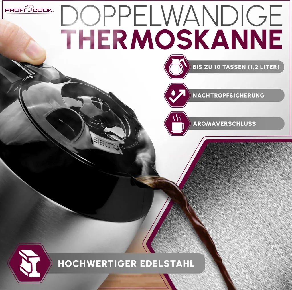 Cafetière programmable PC-KA 1191 Profi Cook inox avec écran digital - 10