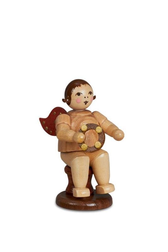 Holzfigur Musikantenengel mit Schellenring sitzend natur ohne Krone Höhe 6,5cm NEU