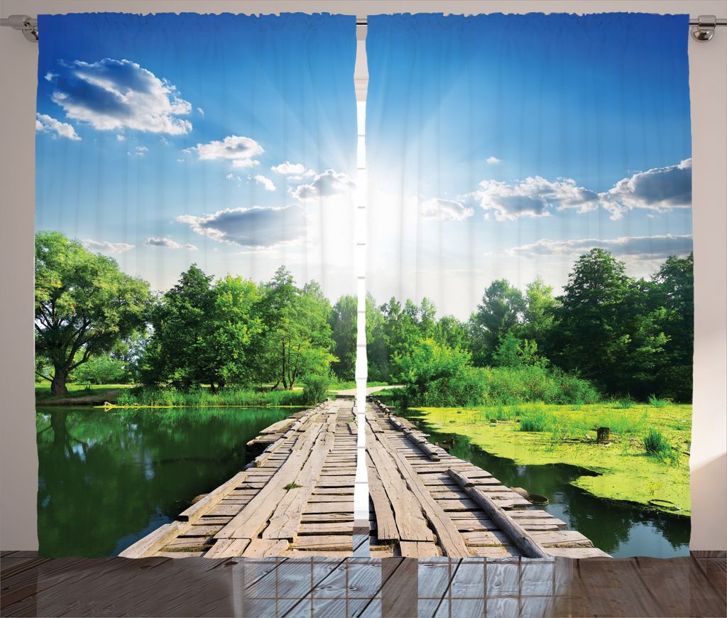 ABAKUHAUS Natur Rustikaler Vorhang, Hölzerne Brücke über Fluss, Wohnzimmer Universalband Gardinen mit Schlaufen und Haken, 280 x 245 cm, Blau Grün