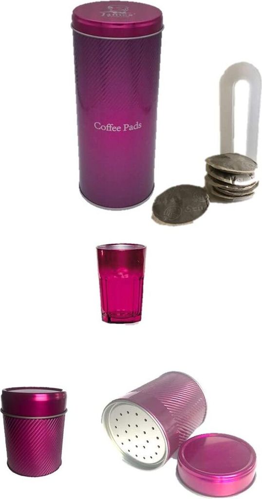 James Premium Kaffeepad-Dose, Blech, Metallic PINK mit Padheber Schokostreuer Metallic