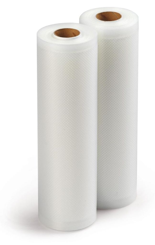 Two rolls of vacuum sealer bags on a white background.