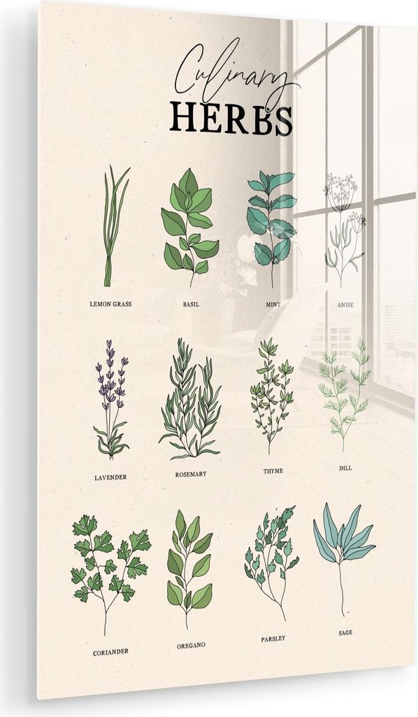 MuchoWow Glasbilder - Bilder auf Wandbild - Foto auf Glas Kräuter - Pflanzen - Kräuter - Grün - Vintage - Beige 40x60 cm Wanddekoration aus Glas...