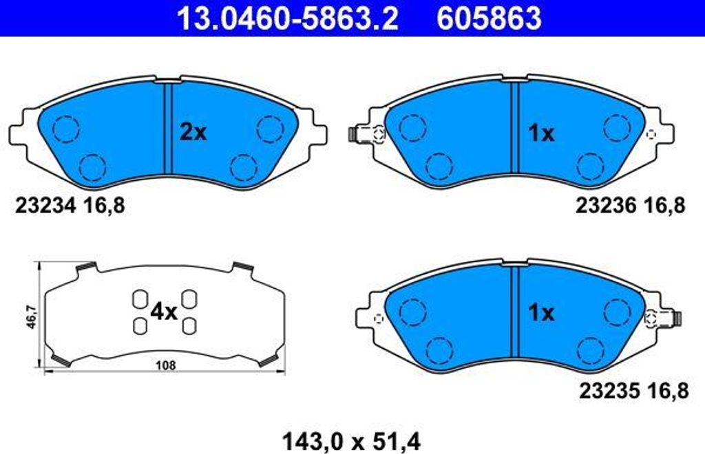 ATE 13.0460-5863.2 Bremsbelagsatz, Scheibenbremse OE 96391891 kompatibel mit Aveo, Lacetti, Nubira