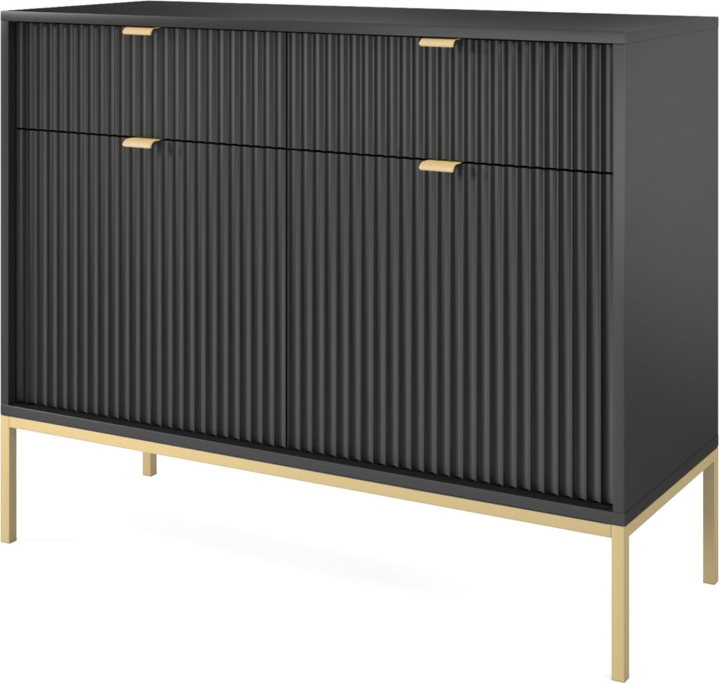 Selsey Vellore Sideboard Kommode 2-türig mit 2 Schubladen, Schwarz mit geriffelten Fronten und goldenen Metallbeinen, 104 cm