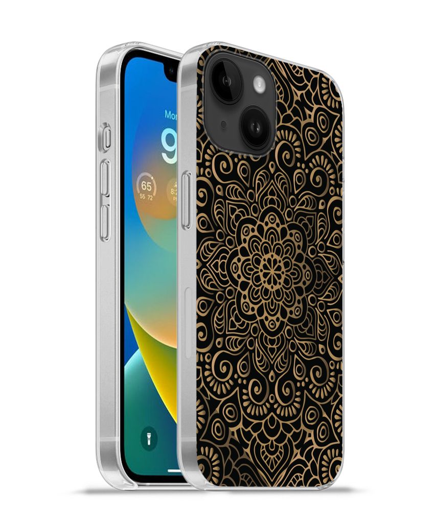MuchoWow Handyhülle Schutzhülle Hülle für Apple iPhone 14 - Softcase Goldenes Muster auf schwarzem Hintergrund Silikon Softcase Handy Hülle ...