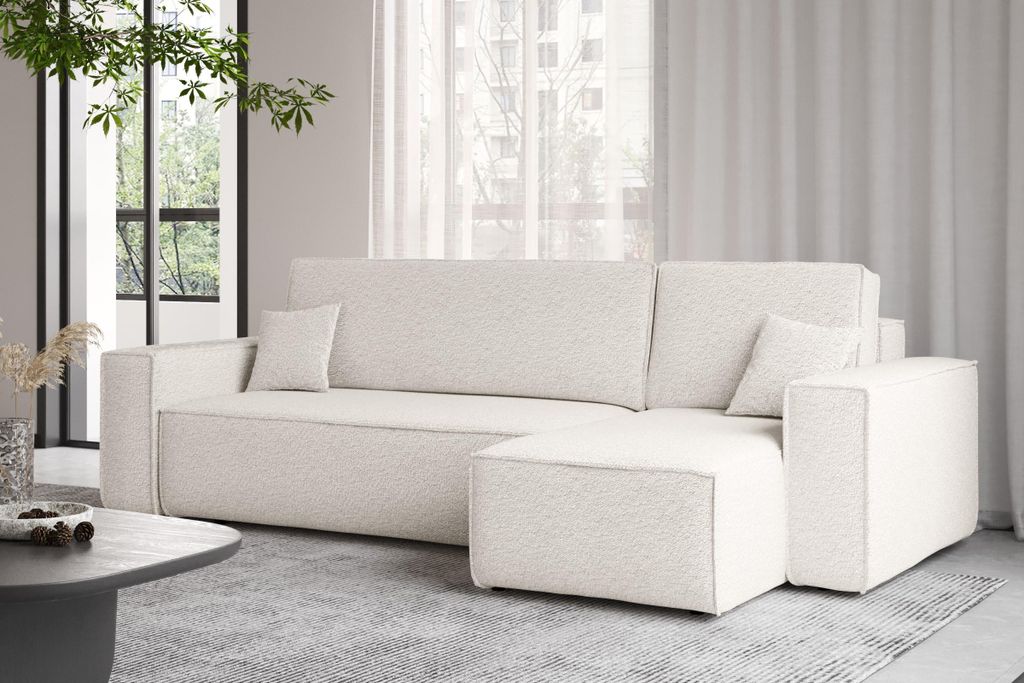 Kaiser Möbel Ecksofa mit schlaffunktion und bettkasten, Ecksofa L-Form, Eckcouch L-Form BEST stoff Abriamo Rechts Ecru