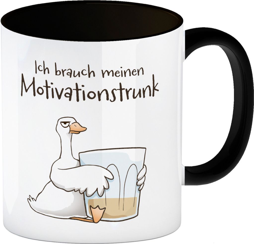 Gilbert die Gans Kaffeebecher in schwarz mit Spruch Ich brauch meinen