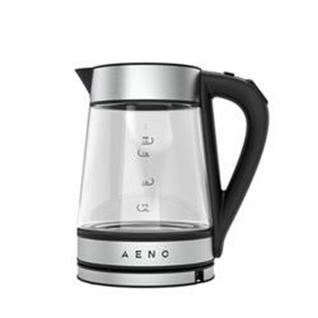 A studio shot of a glass electric kettle.