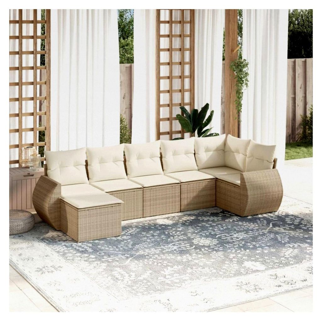 Gartenmöbel-Set, 7-teilig mit Kissen, Polyrattan, Beige
