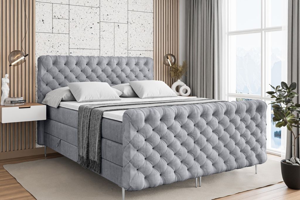 ALTDECOR Boxspringbett mit Silber Füßen, Matratze und Lattenrost, Topper, Fußteil, Polsterbett mit Bettkasten, Bett mit Stauraum H3- und H4- Mat...