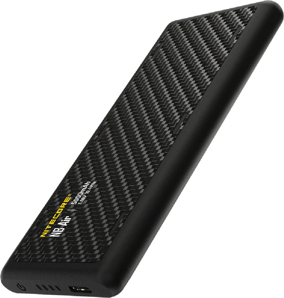 A black power bank with a carbon fiber texture on a white background.